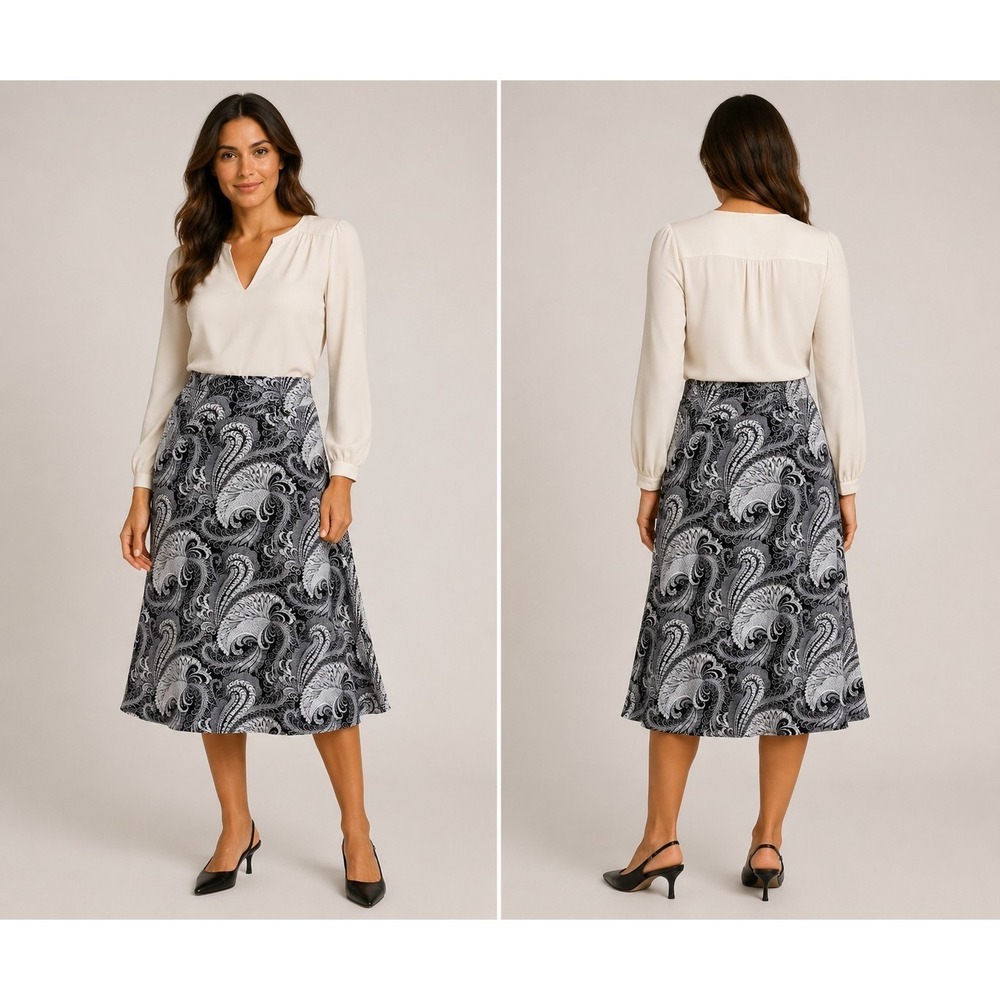 Talbots Women's Black White Paisley Midi Skirt Size Small Stretch Knit BOHO Cute